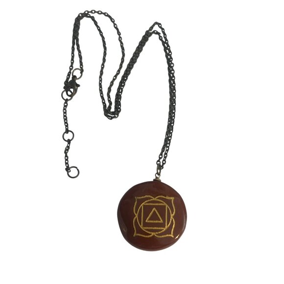 Root Chakra Pendant Necklace Red Jasper Gold Symbol Antique Gold Chain Adj 23" - Picture 6 of 6